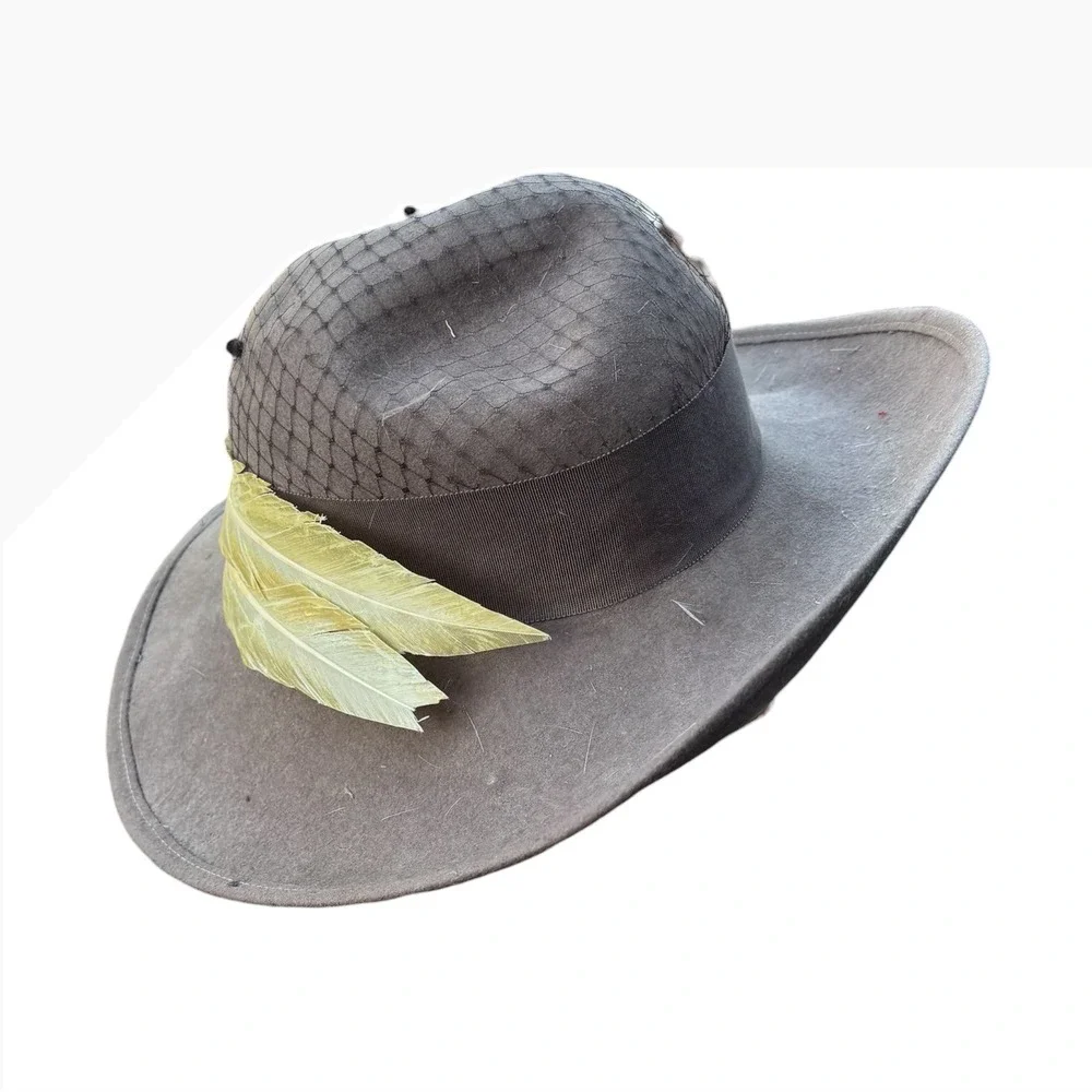 Vintage Grey Felt Wide Brim Fedora Hat with Netting and Yellow Feathers